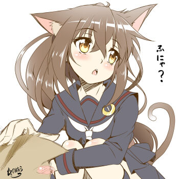 1girl animal_ears artist_name black_sailor_collar black_serafuku black_shirt brown_eyes brown_hair cat cat_ears cat_tail commentary_request fumizuki_(kancolle) highres hoshi_nohara kantai_collection long_hair looking_to_the_side neckerchief petting ponytail sailor_collar sailor_shirt school_uniform serafuku shirt tail white_neckerchief