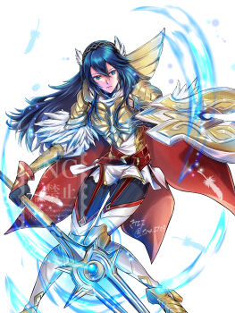 1girl absurdres alternate_costume arm_guards armor armored_boots belt blue_eyes blue_hair bodysuit bodysuit_under_clothes boots brand_of_the_exalt breastplate cape commentary feather_trim fire_emblem fire_emblem_awakening fire_emblem_heroes full_body garter_straps gloves glowing glowing_weapon gold_trim hair_between_eyes highres holding holding_shield holding_weapon jewelry kinako_5108 leg_up lips long_hair lucina_(brave_princess)_(fire_emblem) lucina_(brave_princess)_(resplendent)_(fire_emblem) lucina_(fire_emblem) multiple_belts nintendo polearm ribbed_bodysuit shield shoulder_armor skin_tight solo spear symbol_in_eye tiara twitter_username watermark weapon white_background