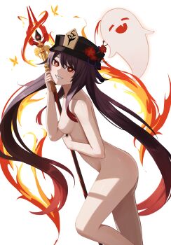 1girl absurdres ass black_hat boo_tao_(genshin_impact) breasts brown_hair flower-shaped_pupils genshin_impact gradient_hair grin hat highres holding holding_staff hu_tao_(genshin_impact) long_hair multicolored_hair nemo_ringo nipples nude porkpie_hat red_eyes red_hair small_breasts smile staff symbol-shaped_pupils teeth twintails very_long_hair white_background