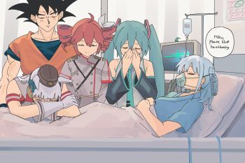 1boy 4girls absurdres aqua_hair aqua_necktie armband bed black_hair black_hat black_sleeves blue_shirt cardiogram closed_eyes closed_mouth commentary covering_own_mouth crossover detached_sleeves dragon_ball dragonball_z dress drill_hair ears_down english_commentary english_text gloves gold_ship_(umamusume) grey_dress grey_gloves grey_hair grey_shirt hair_ornament hair_ribbon hat hatsune_miku highres hospital_bed hospital_gown indoors intravenous_drip jumpsuit kasane_teto layered_sleeves leaning_forward leaning_on_person long_hair long_sleeves medium_hair microsoft_windows multiple_crossover multiple_girls myticalcat necktie open_mouth orange_jumpsuit oxygen_mask pillbox_hat plankton_(spongebob) red_dress red_hair ribbon sad shirt short_hair short_over_long_sleeves short_sleeves sleeveless sleeveless_dress sleeveless_shirt smile son_goku spiked_hair spongebob_squarepants_(series) tearing_up twin_drills twintails umamusume under_covers utau v_arms very_long_hair vocaloid white_ribbon windows_10