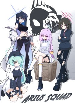 4girls absurdres aqua_eyes aqua_hair arius_squad_(blue_archive) atsuko_(blue_archive) bandaged_neck bandages black_hoodie black_mask black_pants blue_archive blue_hair bob_cut boots bow box brown_hair capelet coat collared_dress crate creammilk_tea cropped_shirt crossed_legs dress ear_piercing flower frilled_socks frills hair_bow hair_over_one_eye halo high_heel_boots high_heels highres hiyori_(blue_archive) holding holding_flower hood hoodie juliet_sleeves kneehighs lace-up_boots leaning long_coat long_hair long_sleeves low-tied_long_hair mask midriff misaki_(blue_archive) mouth_mask multiple_girls on_box open_clothes open_coat pants parted_bangs piercing puffy_sleeves purple_hair red_eyes saori_(blue_archive) see-through_clothes see-through_sleeves shadow short_hair side_ponytail simple_background sitting sitting_on_box skull socks thigh_strap toon_(style) torn_clothes torn_pants wariza white_capelet white_coat white_dress