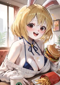 1girl absurdres animal_ears bikini bikini_under_clothes blonde_hair blue_bikini blurry blurry_background blush bob_cut booth_seating breast_rest breasts breasts_on_table burger cable_knit carrot_(one_piece) cheese curtains fingernails food food_on_body food_on_breasts french_fries green_nails highres holding holding_burger holding_food klopsiak large_breasts lettuce logo_parody long_fingernails looking_at_viewer medium_hair nail_polish neck_ribbon notice_lines off-shoulder_sweater off_shoulder one_piece open_mouth picture_frame plant rabbit_ears rabbit_girl animal_nose red_eyes restaurant ribbed_sweater ribbon sesame_seeds smile star_(symbol) string_bikini sweater swimsuit teeth tray upper_teeth_only white_sweater window
