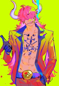 1boy belt black_gloves blood blood_on_hands blue_gloves chest_tattoo cigarette collarbone cowboy_shot earrings formal_clothes gloves hair_over_eyes hand_in_pocket horns jacket jewelry lips long_hair long_sleeves lowres no_shirt nose one_piece open_clothes open_jacket pink_hair pointing raine_(acke2445) red_suit simple_background smile smoke smoking standing suit tattoo toned toned_male white_horns yellow_background