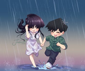 1boy 1girl absurdres artist_name black_hair black_pants commentary_request dress full_body gradient_background green_shirt highres holding_hands j_humbo komi-san_wa_komyushou_desu komi_shouko laughing long_hair open_mouth pants puddle rain running shirt short_hair smile splashing tadano_hitohito water_drop white_dress
