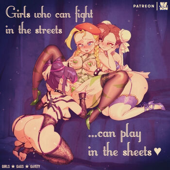3girls :3 areola_slip artist_name ass beret blonde_hair blue_eyes bluethebone blush braid breasts brown_hair bun_cover cammy_white capcom chun-li closed_mouth collar collarbone commentary double_bun earrings english_commentary english_text feet garter_belt glint grabbing_another's_breast grabbing_from_behind green_shoes groping hair_bun han_juri hand_on_another's_head hat heart_maebari heart_pasties high_heels highres jewelry kneeling licking low_twin_braids m_legs maebari medium_breasts multiple_girls nose_blush open_mouth pasties purple_hair pussy_juice red_hat retro_artstyle shoes smile soles spiked_collar spikes spread_legs street_fighter thick_thighs thighs tongue tongue_out twin_braids yuri
