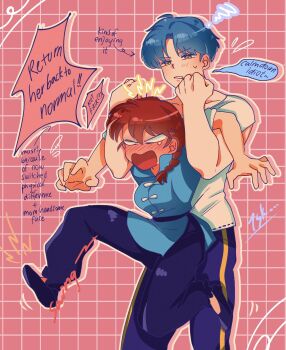 Rule 34 | 1boy, 1girl, angry, blue hair, blush, braid, commentary, english commentary, english text, garnel (letsgotomato11), genderswap, genderswap (ftm), grid background, height difference, hetero, highres, holding back, open mouth, parted lips, pink background, ranma-chan, ranma 1/2, red hair, short hair, tendou akane