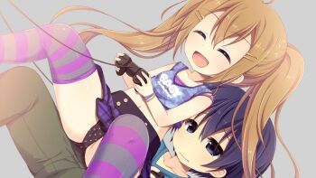 1boy 1girl ahoge aoi_aruma blue_eyes blue_hair blue_shirt blue_tank_top blush bob_cut breasts brown_hair camisole closed_mouth collarbone controller cowboy_shot game_cg game_controller girl_on_top green_pants hair_between_eyes hair_ornament hairclip himukai_ao_(jissai_no_tokoro) holding holding_controller holding_game_controller izuno_shiun_(jissai_no_tokoro) jissai_no_tokoro kodomo_doushi large_variant_set loli long_hair miniskirt navel open_mouth panties pants pleated_skirt polka_dot polka_dot_panties purple_camisole purple_skirt raised_inner_eyebrows shirt short_hair sidelocks simple_background sitting sitting_on_lap sitting_on_person skirt small_breasts striped_clothes striped_thighhighs tank_top thighhighs thighs transparent_background twintails underwear variant_set very_long_hair