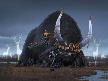 1girl animal animal_focus bell black_coat black_hair coat commentary concept_art creature day english_commentary fangda fantasy full_body fur-trimmed_coat fur_trim grass grey_sky highres holding long_hair long_sleeves looking_at_viewer meadow original outdoors overcast oversized_animal simple_bird sky solo standing wide_shot