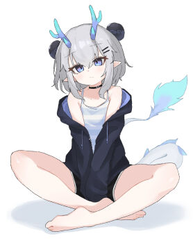 Rule 34 | 1girl, absurdres, alternate costume, barefoot, black choker, black shorts, blue eyes, blue shirt, blush, bun cover, choker, commentary, double bun, dragon girl, dragon horns, dragon tail, flat chest, fur-tipped tail, grey hair, hair bun, hair ornament, hairclip, highres, horns, indian style, original, pointy ears, shirt, short hair, shorts, simple background, sitting, solo, striped clothes, striped shirt, tail, tank top, tetetaco, white background