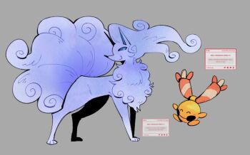Rule 34 | alolan form, alolan ninetales, animal focus, bell, blue sclera, chingling, closed eyes, closed mouth, colored sclera, extra tails, floating, fox, full body, gen 4 pokemon, gen 7 pokemon, grey background, jingle bell, looking at another, multiple tails, nintendo, no humans, pokemon, pokemon (creature), pokemon focus, purple fur, simple background, smile, standing, sunnydr0pdraws, tail