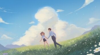 2boys absurdres animal_ears black_pants black_skirt blue_sky brown_hair cloud commentary day english_commentary flock flower flying_sweatdrops grasslands highres holding_hands landscape multiple_boys original outdoors pants rat_squeak scenery shirt skirt sky smile trap twitter_username walking white_shirt wide_shot