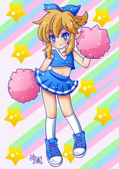 Rule 34 | 1boy, absurdres, blonde hair, blue bow, blue eyes, blue shirt, blue shoes, blue skirt, bow, check commentary, colorful background, commentary request, crop top, crossdressing, crossdressing (mtf), guruguru-p, highres, kneehighs, link, lipstick, makeup, male focus, medium hair, midriff, navel, nintendo, pink lips, pom pom (cheerleading), ponytail, purple background, rainbow background, shirt, shoes, signature, skirt, sleeveless, sneakers, socks, solo, standing, star (symbol), the legend of zelda, the legend of zelda: breath of the wild, trap, white socks