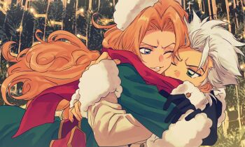 1boy 1girl ache_jiao_ache bleach blue_eyes cheek-to-cheek coat commentary commission english_commentary fur_hat green_coat green_eyes hat heads_together highres hitsugaya_toushirou hug long_hair matsumoto_rangiku one_eye_closed orange_hair red_scarf scarf second-party_source shared_clothes shared_scarf smile white_hair winter_clothes winter_coat yellow_coat