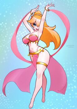 1girl alternate_costume arabian_clothes barefoot belly_dancer belly_dancer_outfit breasts dancer bad_tag harem_outfit highres jaxdrawz jewlery large_breasts mario_(series) nintendo princess_peach solo veil