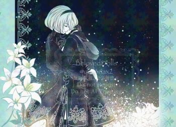 1boy 1girl 2b_(nier:automata) 9s_(nier:automata) black_dress black_hairband black_jacket closed_eyes commentary dress flower from_side hairband hug jacket nier:automata nier_(series) white_hair yux3nax2
