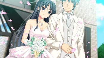 10s 1girl black_eyes black_hair dress elbow_gloves flower fukami_nagisa game_cg gloves highres jewelry koutaro long_hair necklace protagonist_(tropical_vacation) tropical_kiss tropical_vacation twinkle_(company) wedding wedding_dress