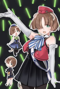 1girl animal_ears aviation_magic_band back black_dress black_pantyhose black_sailor_collar black_shoes blue_dress blue_eyes blue_sailor_collar brown_hair chibi dress elbow_gloves garrison_cap gloves hair_over_one_eye hat highres joanna_elizabeth_stafford looking_at_viewer looking_back luminous_witches multiple_views okeke_power_nishiko open_mouth pantyhose red_skirt red_vest sailor_collar shoes short_hair skirt smile solo squirrel_ears squirrel_girl squirrel_tail swimsuit tail vest white_gloves world_witches_series