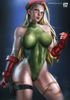 1girl absurdres artist_name blonde_hair blue_eyes breasts cammy_white capcom clenched_hands covered_navel deviantart_username eyelashes fingerless_gloves garrison_cap gloves green_leotard hat high_collar highres holster large_breasts leotard logan_cure long_hair mixed-language_commentary parted_lips patreon_username red_gloves scar skin_tight sleeveless solo street_fighter thigh_holster thighs