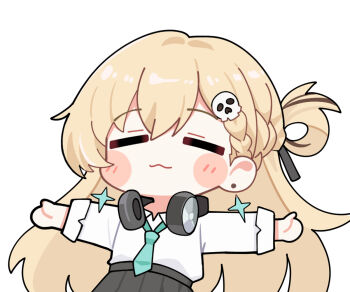 Rule 34 | 1girl, :3, aqua necktie, black skirt, blonde hair, braid, braided bangs, closed eyes, commentary, earrings, hair ornament, headphones, headphones around neck, jewelry, long hair, lynae (wuthering waves), necktie, shirt, shirt tucked in, simple background, skirt, skull hair ornament, solo, star (symbol), star earrings, sticker (medium), twomoon, white background, white shirt, wuthering waves