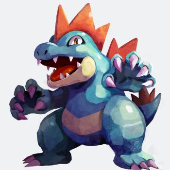 claws commentary_request esuke_coil fangs feraligatr full_body gen_2_pokemon highres nintendo no_humans open_mouth pokemon pokemon_(creature) pokemon_focus sharp_teeth simple_background solo tail teeth yellow_eyes