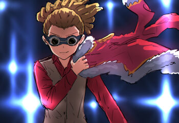 Rule 34 | >:), 1girl, brown hair, brown vest, character request, collared shirt, commentary request, copyright request, dress shirt, facing viewer, fur-trimmed jacket, fur trim, goggles, highres, holding, holding jacket, holding unworn clothes, jacket, long hair, long sleeves, looking at viewer, medium hair, ponytail, red jacket, red shirt, shirt, shoujo kageki revue starlight, solo, unworn jacket, upper body, v-shaped eyebrows, vest, yukitake (bullfalk)