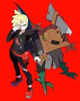 Rule 34 | 1boy, absurdres, black hoodie, black pants, blonde hair, closed mouth, commentary request, ear piercing, gen 7 pokemon, gladion (pokemon), green eyes, grey eyes, hair over one eye, helmet, highres, hood, hood down, hoodie, legendary pokemon, long sleeves, male focus, mup0106, nintendo, pants, piercing, pokemon, pokemon (creature), pokemon sm, red background, red bag, red shoes, shoelaces, shoes, short hair, simple background, standing, type: null