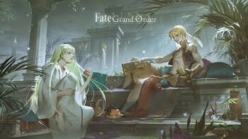 2boys abs androgynous apple architecture barefoot bitten_apple black_pants blonde_hair blue_butterfly book bug butterfly cloud commentary copyright_name cropped_jacket cup cushion earrings english_commentary enkidu_(fate) fate/grand_order fate_(series) flower_pot food food_bite fruit full_body gauntlets gilgamesh gilgamesh_(caster)_(fate) gilgamesh_(fate) grapes green_hair holding holding_book holding_cup holding_food holding_fruit hood hood_down hooded_robe insect jacket jewelry jug_(bottle) knee_up long_hair male_focus mesoamerican_architecture multiple_boys night night_sky obelisk open_clothes open_jacket palm_leaf palm_tree pants pectorals plate red_eyes robe rug saintluthien single_gauntlet sitting sky sleeveless sleeveless_jacket straight_hair tapestry title toned toned_male tree veil very_long_hair white_robe