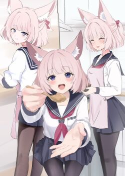 1girl animal_ear_fluff animal_ears apron aramocyaillust black_pantyhose black_sailor_collar black_skirt blue_archive blue_eyes blush bowl commentary_request fox_ears fox_girl highres holding holding_bowl holding_spoon incoming_food long_sleeves looking_at_viewer missing_halo multiple_views neckerchief niko_(blue_archive) pantyhose pink_apron pink_hair ponytail red_neckerchief sailor_collar school_uniform shirt short_hair short_ponytail skirt smile spoon white_shirt