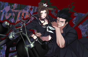 Rule 34 | 1boy, 1girl, aerith gainsborough, aerith gainsborough (midgard seventh high school), bandaid, bandaid on cheek, bandaid on face, belt, black choker, black gloves, black hair, black jacket, black sailor collar, black serafuku, black skirt, blue eyes, brown hair, choker, closed mouth, cowboy shot, crop top, cropped shirt, delinquent, final fantasy, final fantasy vii, final fantasy vii: ever crisis, flower, gakuran, gloves, green eyes, hair flower, hair ornament, hand on another's waist, highres, jacket, long hair, looking at viewer, midriff, motor vehicle, motorcycle, navel, neckerchief, official alternate costume, open clothes, open jacket, parted bangs, parted lips, pleated skirt, ponytail, s sohwagi s, sailor collar, school uniform, serafuku, skirt, spiked hair, sukeban, upper body, white flower, white neckerchief, zack fair, zack fair (midgard seventh high school)