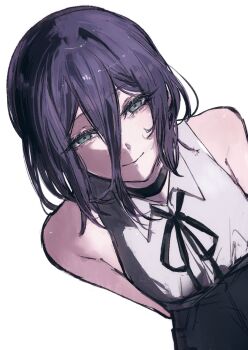 1girl black_choker chainsaw_man choker closed_mouth collared_shirt green_eyes hair_between_eyes highres looking_at_viewer moku_(muooku) neck_ribbon purple_hair reze_(chainsaw_man) ribbon shirt simple_background smile solo white_background white_shirt