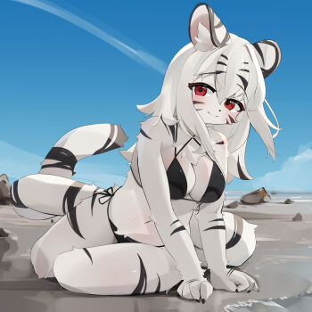 1girl absurdres animal_ears beach bikini black_bikini blue_sky breasts cleavage commentary day enamika full_body furry furry_female halterneck highres looking_at_viewer original outdoors red_eyes rock short_hair side-tie_bikini_bottom sky smile snow_leopard snow_leopard_ears snow_leopard_girl snow_leopard_tail solo swimsuit tail white_fur white_hair