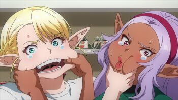 Rule 34 | 2girls, anime screenshot, blonde hair, blue eyes, dark-skinned female, dark elf, dark skin, elf, elf-san wa yaserarenai., elfuda (elf-san wa yaserarenai.), female focus, finger in another's mouth, grabbing another's chin, hairband, hand on another's chin, highres, kuroeda (elf-san wa yaserarenai.), long hair, looking at viewer, multiple girls, open mouth, pink eyes, pointy ears, portrait, pout, purple hair, red hairband, short hair, sweat, tearing up, tongue, uvula