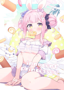 1girl angel_wings animal_ears apron bikini bird blue_archive blue_sky blush bow breasts cake cloud cloudy_sky collarbone commentary_request crescent crop_top double_bun feathered_wings fingernails flower food front-tie_bikini_top front-tie_top hair_bow hair_bun hair_flower hair_ornament hair_ribbon hair_scrunchie halo heart heart_hair_ornament highres kano_hito looking_at_viewer low_wings mika_(blue_archive) mouth_hold navel palm_tree pink_bow pink_hair pink_halo pink_ribbon print_scrunchie purple_bikini purple_flower purple_scrunchie purple_skirt rabbit_ears ribbon sandals scrunchie seagull see-through_clothes see-through_shirt shirt short_sleeves sitting skirt sky solo spoken_squiggle squiggle starry_sky_print striped_bikini striped_clothes sweatdrop swimsuit swiss_roll thighs tree wariza white_apron white_ribbon white_shirt white_wings wings yellow_eyes