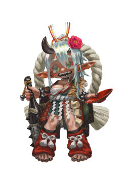 1girl alcohol asymmetrical_horns black_nails blush bottle breasts chibi cleavage cup fingernails flower full_body green_eyes hair_flower hair_ornament highres horns jonpei large_breasts long_fingernails long_hair long_pointy_ears looking_at_viewer oni open_mouth original pointy_ears rope sakazuki sake_bottle sharp_teeth smile solo teeth toes uneven_horns white_hair