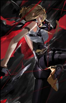 1girl arm_strap ass back black_background black_pants blonde_hair breasts chest_harness coat coat_on_shoulders elbow_gloves evelyn_chevalier from_side gloves half_gloves harness high-waist_pants high_heels highres latex_pants leg_up long_ribbon meltyrice mole mole_under_eye necktie pants purple_eyes ring_hair_ornament shirt single_elbow_glove single_half_glove solo string tight_clothes tight_pants unfinished white_shirt yellow_necktie zenless_zone_zero