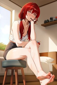 1girl bare_shoulders breasts collarbone commentary crop_top english_commentary feet highres long_hair looking_at_viewer low_twintails mousseno49 original red_hair shirt shorts sitting small_breasts soles solo tank_top twintails yellow_shirt