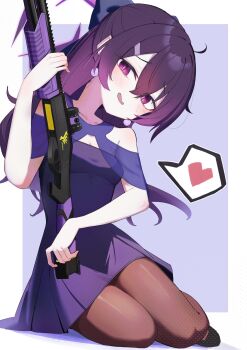 1girl bare_shoulders blue_archive breasts brown_pantyhose cleavage commentary_request dress earrings fabarm_fp6/sdass gun hair_between_eyes halo haruka_(blue_archive) haruka_(dress)_(blue_archive) heart highres hukube_kanchou jewelry long_hair looking_at_viewer official_alternate_costume open_mouth pantyhose pump_action purple_background purple_dress purple_eyes purple_hair purple_halo shotgun simple_background smile solo spoken_heart weapon