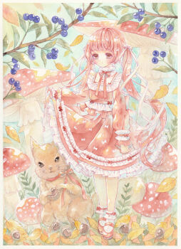1girl acorn amu_(m_aa) berry blue_sky blush border bow brown_eyes closed_mouth commentary day dress expressionless falling_leaves fly_agaric frilled_dress frills full_body hair_ribbon highres leaf long_hair mary_janes mini_person minigirl mushroom neck_ribbon original outdoors painting_(medium) pink_hair red_bow red_dress red_ribbon ribbon shoes skirt_hold sky socks solo squirrel traditional_media twintails very_long_hair watercolor_(medium) white_border white_ribbon white_socks
