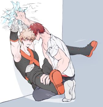 2boys armpits arms_up bakugou_katsuki bdsm bk_baku3 blonde_hair blush boku_no_hero_academia boots collared_shirt cryokinesis frozen highres male_focus multicolored_hair multiple_boys muscular muscular_male open_clothes pants pectoral_cleavage pectorals red_eyes red_hair restrained shirt short_hair socks spiked_hair superhero_costume tank_top todoroki_shoto white_background yaoi