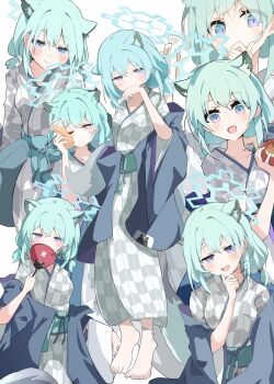 1girl absurdres animal_ears bath_yukata blue_archive blue_halo blue_haori commentary green_hair grey_kimono hair_between_eyes halo hand_fan haori highres japanese_clothes kimono multiple_views official_alternate_costume open_mouth paper_fan purple_eyes shigure_(blue_archive) shigure_(hot_spring)_(blue_archive) smile striped_clothes striped_kimono tokkuri uchiwa vertical-striped_clothes vertical-striped_kimono weasel_ears weasel_girl yagasuri yukata yukou_sui