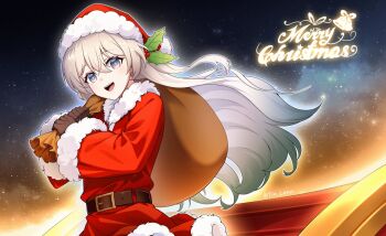 1girl alternate_costume belt blue_pupils brown_belt brown_gloves christmas commentary_request cowboy_shot dress english_text firefly_(honkai:_star_rail) floating_hair fur-trimmed_dress fur-trimmed_headwear fur_trim gloves grey_hair hair_between_eyes hair_ornament hat holding holding_sack honkai:_star_rail honkai_(series) long_hair long_sleeves looking_at_viewer merry_christmas multicolored_eyes night night_sky open_mouth red_dress sack sack_behind_back santa_costume santa_hat sky smile solo star_(sky) starry_sky teeth tin_lann twitter_username two-tone_eyes upper_teeth_only