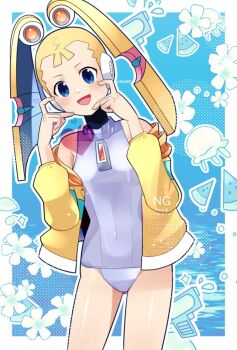 1girl blonde_hair blue_background blue_eyes blush border breasts commentary_request cowboy_shot detached_hair halftone jacket long_hair mega_man_(series) mega_man_x_(series) mega_man_x_dive one-piece_swimsuit pallette_(mega_man) revision rikka_(user_hruv2435) robot_ears robot_girl small_breasts smile solo swimsuit twintails watermark white_border white_one-piece_swimsuit yellow_jacket