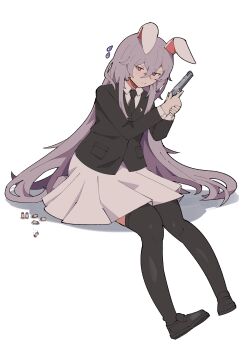 Rule 34 | 1girl, absurdres, animal ears, black jacket, black necktie, black shoes, black thighhighs, bullet, commentary, full body, grimlisp, gun, handgun, highres, holding, holding gun, holding weapon, jacket, loafers, long hair, necktie, pink skirt, purple hair, rabbit ears, rabbit girl, red eyes, reisen udongein inaba, shoes, simple background, sitting, skirt, thighhighs, touhou, weapon, white background