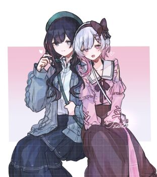 2girls airota beret black_hair black_hairband black_ribbon black_skirt book_off cardigan closed_mouth collared_shirt commentary_request feet_out_of_frame green_hat grey_cardigan grey_eyes hair_ornament hairband hat highres invisible_chair kurobe_nanoka long_hair long_skirt long_sleeves looking_at_viewer mahou_shoujo_no_majo_saiban multicolored_hair multiple_girls neck_ribbon official_alternate_costume official_alternate_hairstyle pink_eyes pink_hair pink_shirt ribbon sakuraba_ema shirt short_hair sitting skirt smile twintails white_shirt x_hair_ornament