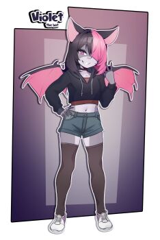 1girl adoptable animal_ears animal_nose bat_ears bat_girl bat_wings black_hair black_hoodie black_nipples black_thighhighs blue_pants breasts brown_choker brown_shirt character_name choker collarbone colored_nipples colored_skin commentary crop_top cropped_hoodie cropped_shirt drop_shadow english_commentary fang full_body furry furry_female gradient_background grey_skin grey_theme grin hair_over_one_eye hand_on_own_hip hand_up highres hood hood_down hoodie long_bangs looking_at_viewer medium_hair midriff moneymop multicolored_hair multicolored_skin navel original outline outside_border pants parted_lips pink_eyes pink_hair pink_theme shirt shoes short_shorts shorts simple_background small_breasts smile sneakers solo standing teeth thighhighs two-tone_hair two-tone_skin w white_outline white_shoes wings