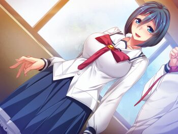 2girls :d arm_at_side blue_eyes blue_hair blue_skirt blush bob_cut bow bowtie breasts clenched_hand clothes_grab collarbone dutch_angle fingernails game_cg hair_between_eyes indoors large_breasts large_variant_set long_sleeves looking_at_viewer mizushima_aoi multiple_girls nana_g necktie necktie_grab neckwear_grab non-web_source official_art open_mouth out_of_frame pleated_skirt red_bow red_bowtie sailor_element school_uniform serafuku shirt short_hair skirt smile solo_focus standing unworn_necktie variant_set white_shirt window