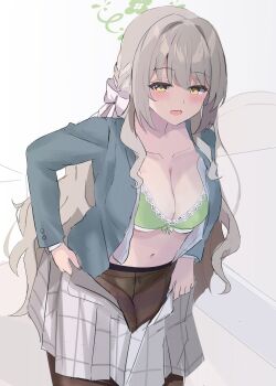 1girl aramocyaillust black_pantyhose blue_archive blush bow bow_bra bow_panties bra breasts character_request clothes_pull commentary_request cowboy_shot green_bra green_halo green_panties grey_hair grey_jacket grey_skirt hair_bow halo highres jacket large_breasts long_hair looking_at_viewer miyo_(blue_archive) navel open_clothes open_jacket open_mouth open_skirt panties panties_under_pantyhose pantyhose school_uniform sketch skirt skirt_pull solo standing stomach underwear undressing very_long_hair white_bow yellow_eyes