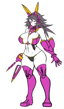 1girl absurdres armor bare_shoulders bikini black_hair black_panties breasts commentary_request highres huge_breasts kuu_chaz7hu3hp5 long_hair messy_hair navel nyanko_daisensou open_hand open_mouth panties solo standing string_bikini swimsuit thick_thighs thighs thundia_(nyanko_daisensou) underwear white_background wide_hips