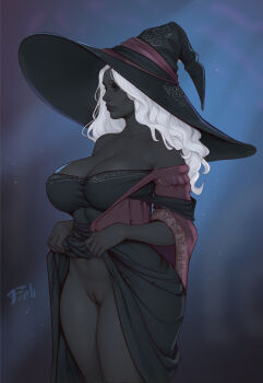 1girl absurdres bare_shoulders black_dress black_eyes black_hat black_skin blue_background breasts cleavage closed_mouth clothes_lift collarbone colored_skin commentary curly_hair dark_skin dress dress_lift elden_ring elden_ring_nightreign freli gradient_background groin hat highres large_breasts large_hat lifting_own_clothes lips long_hair navel no_panties off-shoulder_dress off_shoulder profile recluse_(elden_ring) signature solo standing thighs uncensored very_dark_skin white_hair witch_hat