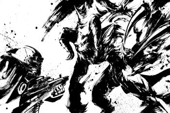 1other absurdres aiming armor assault_rifle battle brotherhood_of_steel claws commentary_request deathclaw fallout fallout_4 greyscale gun highres holding holding_gun holding_weapon horns monochrome monster okazu_(sumi-e) power_armor power_armor_(fallout) rifle second-party_source weapon